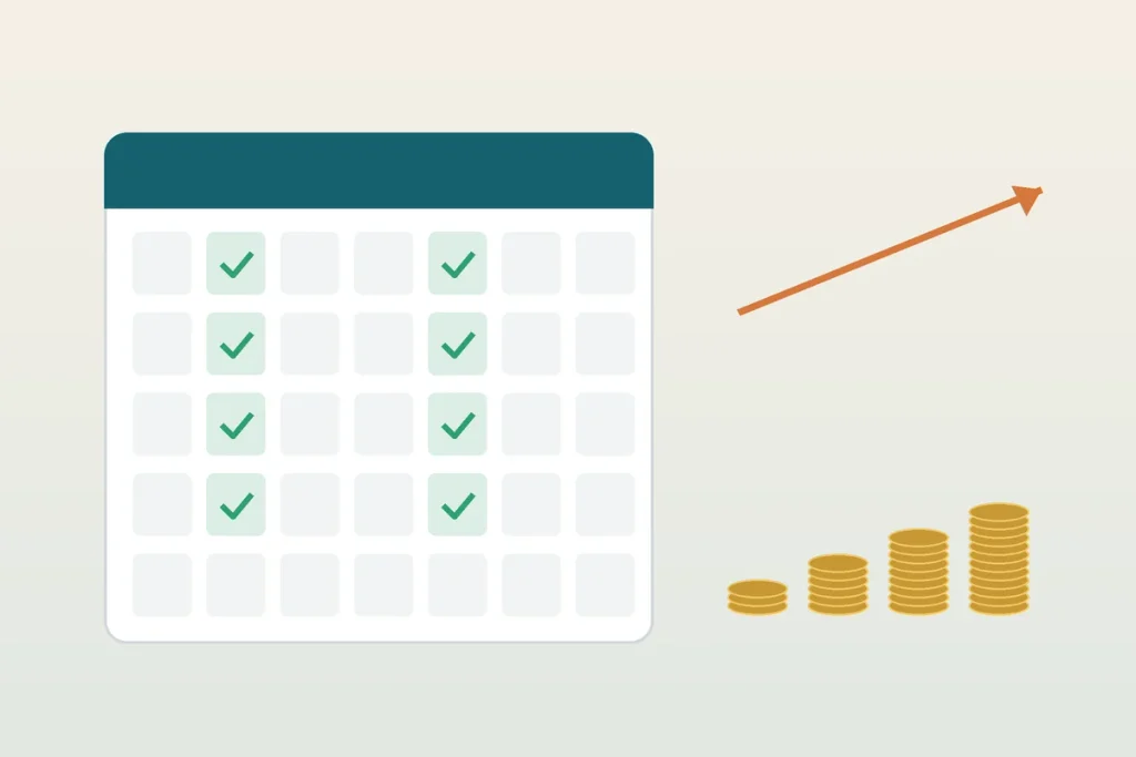 Calendar with checked paydays and growing coin stacks showing 401(k) loan repayment