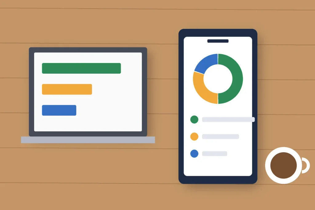 Smartphone and laptop tracking a 50/30/20 budget with colored spending categories