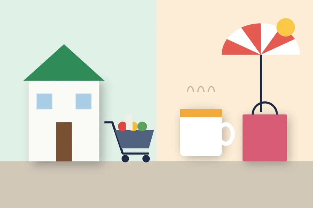 Needs vs wants under the 50/30/20 rule shown as a house and groceries next to coffee and shopping