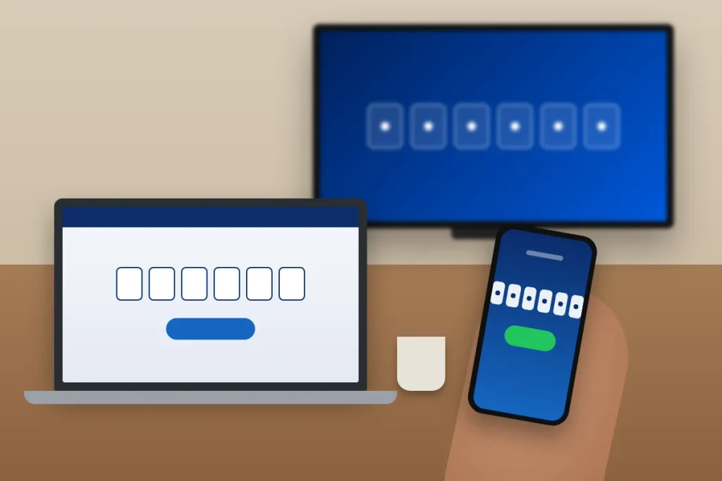 Laptop and phone showing a six-box code entry screen in front of a TV during 9Now activation