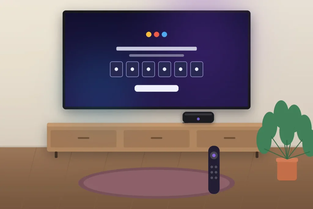 Streaming player and remote under a TV showing the sign-in code to activate Peacock on Roku