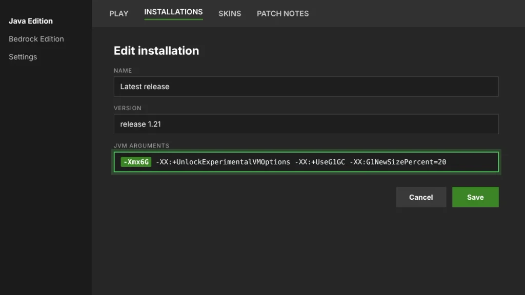 Edit installation screen with -Xmx6G in JVM Arguments to allocate more RAM to Minecraft