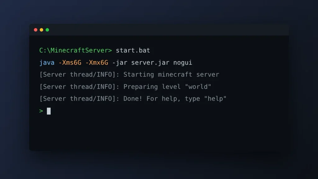 Server console running a start.bat file with -Xms6G and -Xmx6G to give a Minecraft server more memory
