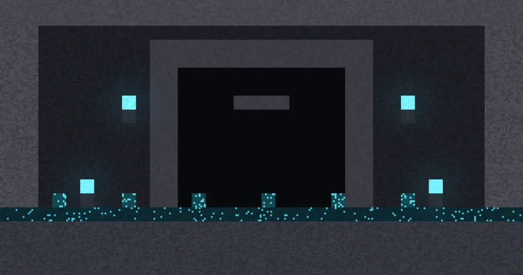 Ancient city deep underground with glowing lanterns and sculk, as found with an ancient city seed
