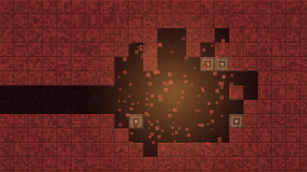 Bed explosion crater in a Nether tunnel revealing blast-resistant ancient debris blocks