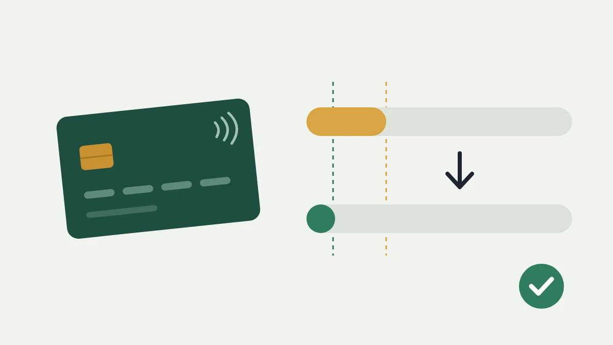 Credit card next to utilization bars dropping from 30% to under 10% to help raise a credit score