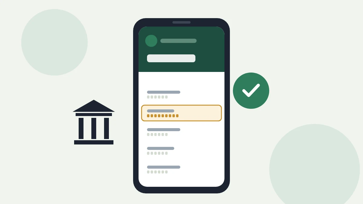 Banking app on a phone with the routing number row highlighted next to a bank icon