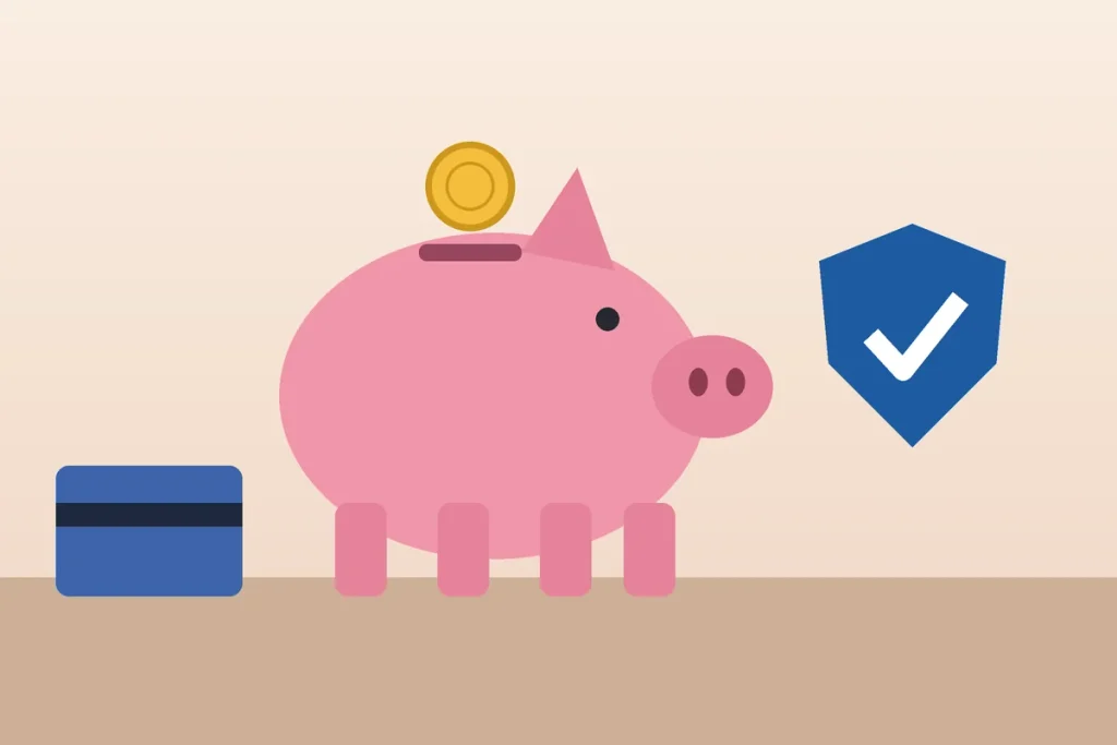 Piggy bank with a coin and a blue shield, illustrating car insurance deductible savings