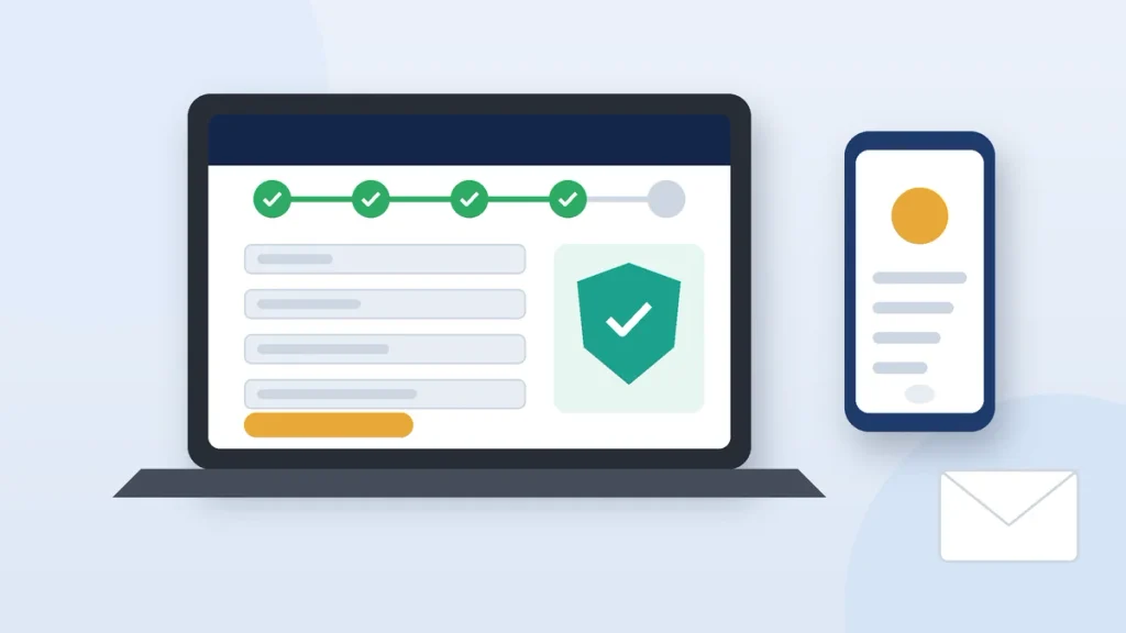 Laptop with a step-by-step form to check your credit report online, next to a phone and envelope