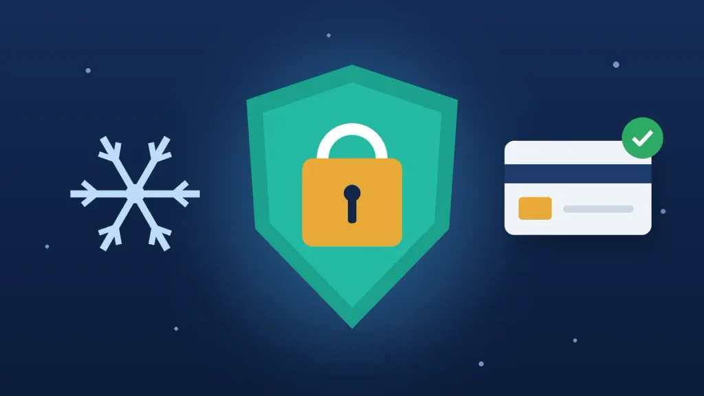 Shield with a padlock and snowflake showing a free credit freeze protecting your credit report