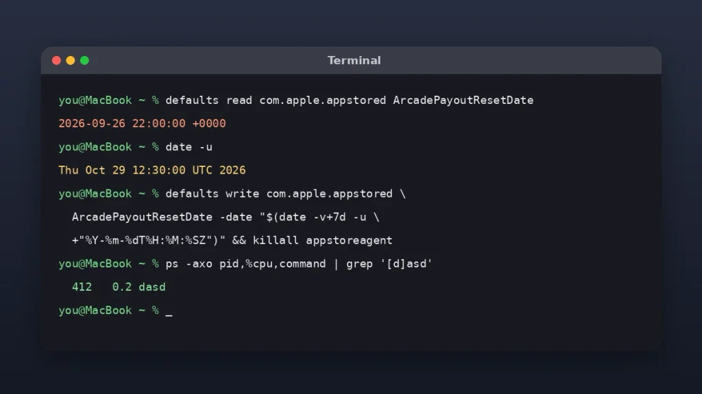Terminal commands that fix dasd 100% CPU by resetting the Apple Arcade date on macOS 27