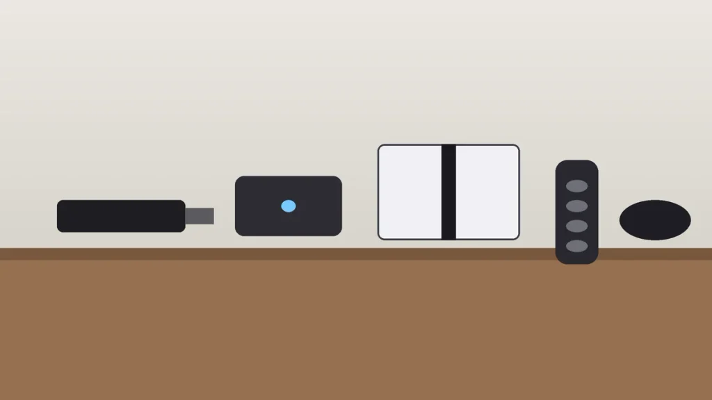 Roku, Fire TV Stick, streaming box and game console that can run Disney+ on a TV stand