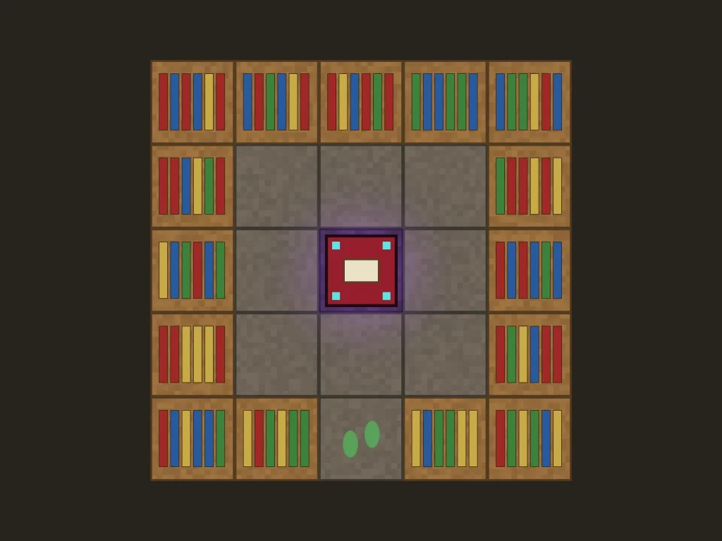 Top-down Minecraft enchanting table setup with 15 bookshelves and a one-block gap