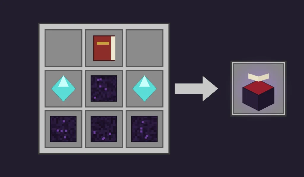 Enchanting table recipe in Minecraft crafting grid with book, 2 diamonds and 4 obsidian