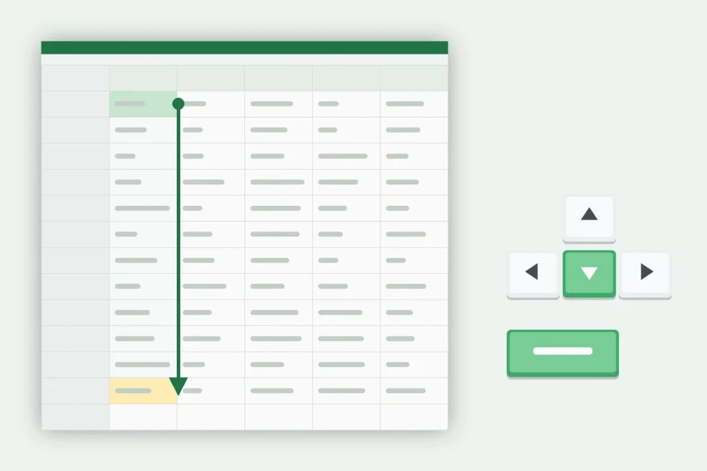 Spreadsheet with an arrow jumping to the last row, showing how Excel keyboard shortcuts like Ctrl+Down Arrow work