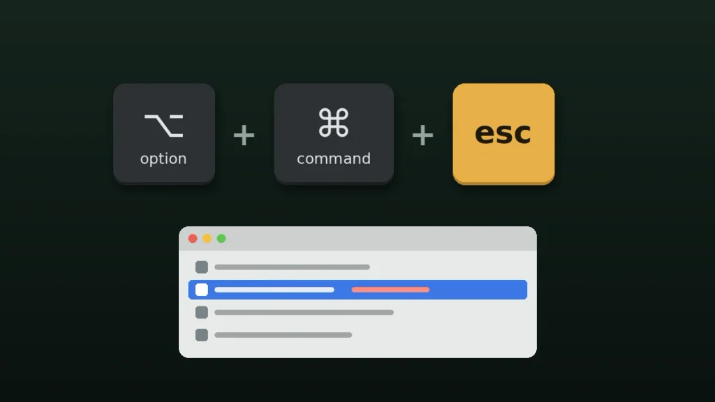 Option Command Esc force quit shortcut on MacBook Pro with the Force Quit window
