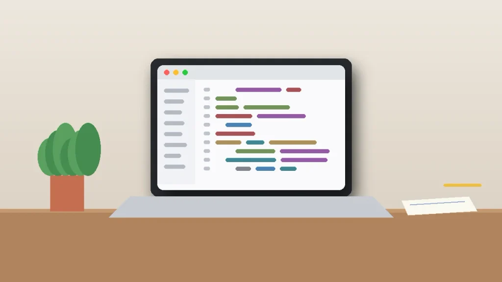 Laptop on a home desk with a simple light-theme free code editor for beginners open