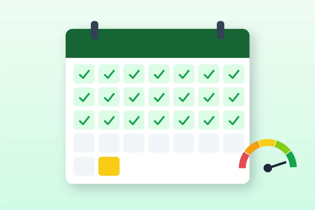 Calendar with checked-off days showing a 30-day plan to improve credit score quickly