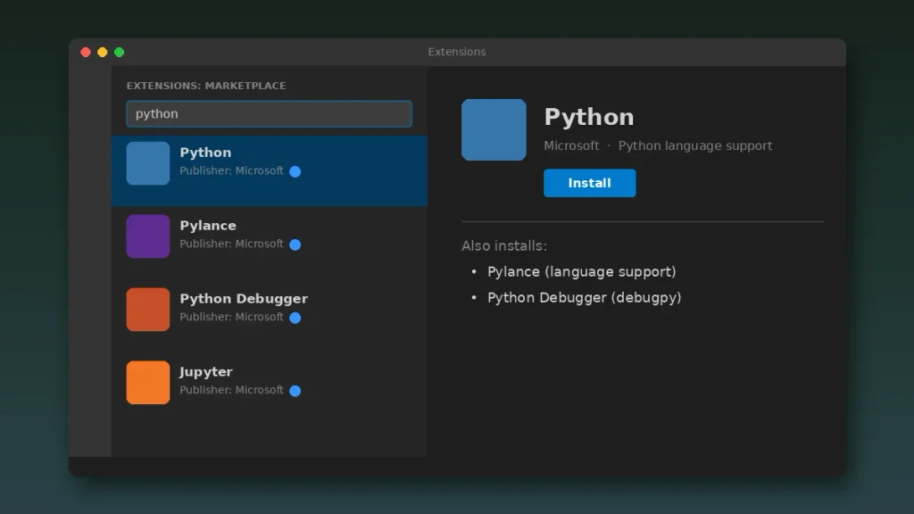 Installing the official Microsoft Python extension from the VS Code Extensions view