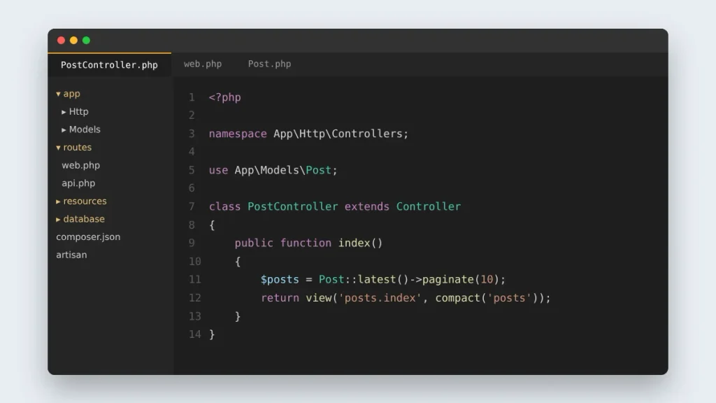 Laravel PHP framework controller code open in a dark code editor with project folders