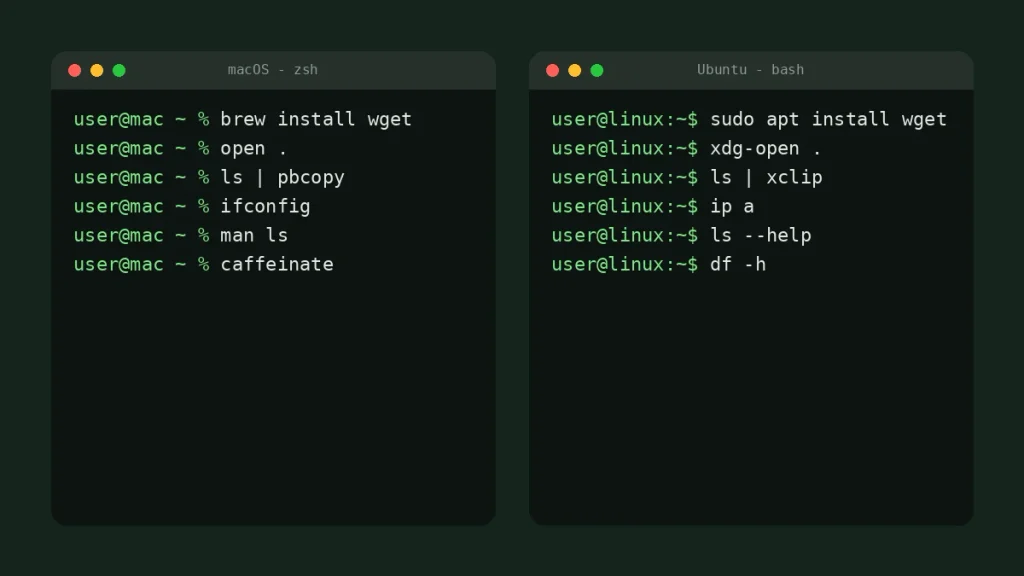 Mac terminal commands next to their Linux terminal commands equivalents in two side-by-side windows