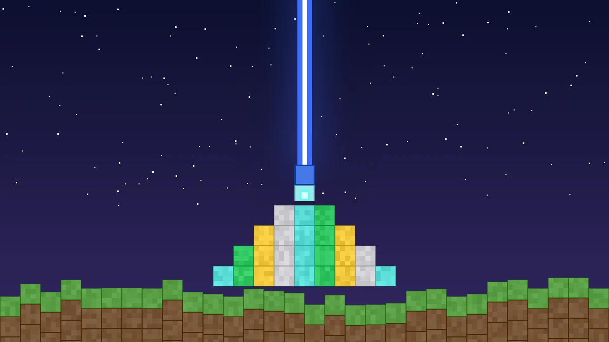 Blue stained glass on top of a Minecraft beacon turning the beam blue above a mixed mineral block pyramid
