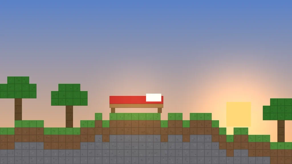 Red Minecraft bed on a grassy hill at sunrise after sleeping through the night