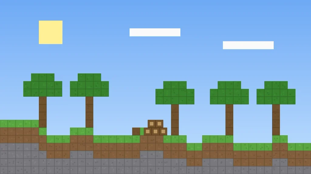 Daytime Minecraft-style forest with a stack of freshly chopped logs for the first day