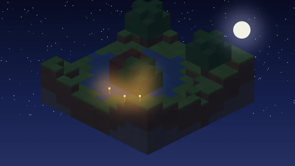 Torch-lit starter shelter on a blocky island at night under a full moon in Minecraft