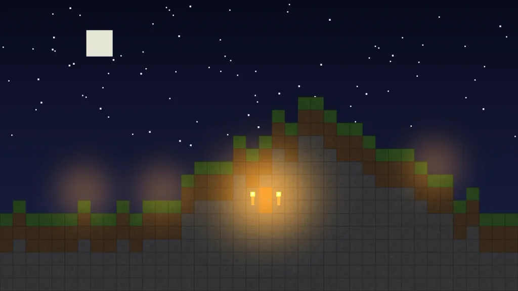 Minecraft shelter dug into a hillside at night, with torches lighting the doorway
