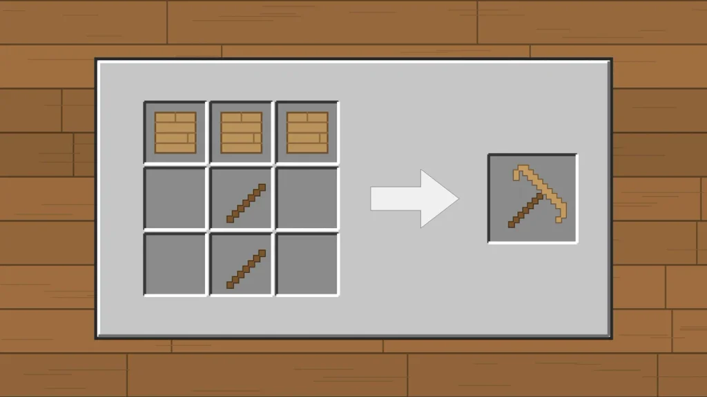 Crafting grid with three wood planks and two sticks making a wooden pickaxe in Minecraft
