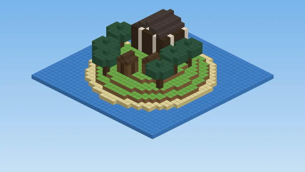 Small blocky island with a dark mansion, spruce trees and a village on a Minecraft island survival seed