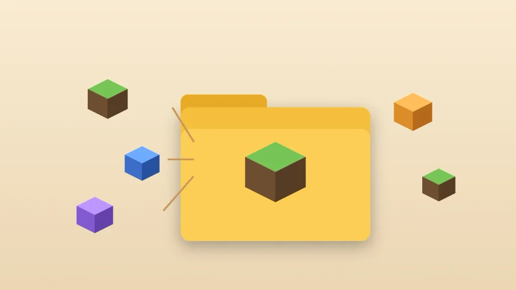 Folder with colorful block icons dropping into it, representing the Minecraft mods folder on Windows