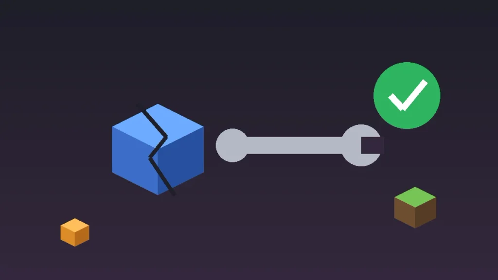 Cracked blue block, wrench and green checkmark showing how to fix Minecraft mods not working