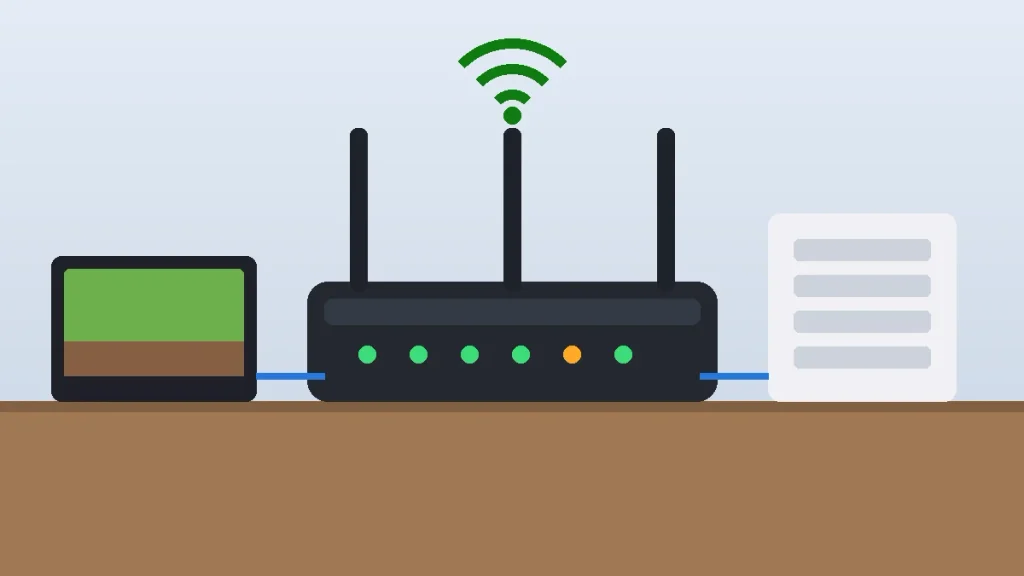 Home router connected to a gaming PC, illustrating port forwarding when Minecraft multiplayer is not working
