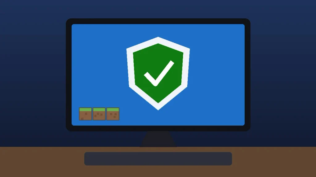 PC monitor showing a green shield, representing a firewall exception for Minecraft multiplayer not working