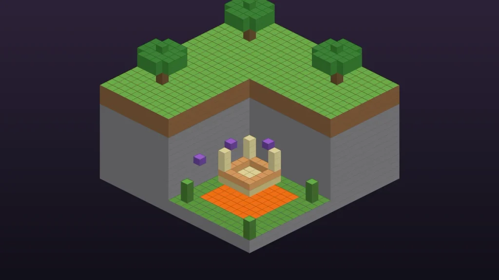 Cutaway of a blocky cave with a desert temple over lava, like the underground Minecraft survival seed