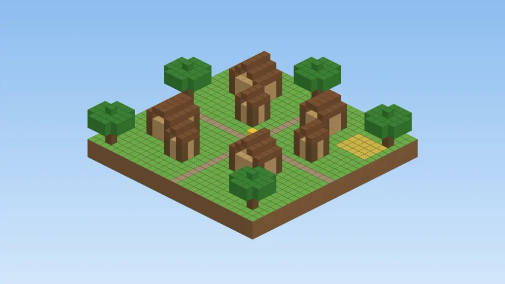 Blocky plains village with paths, a farm and houses near spawn on a Minecraft survival seed