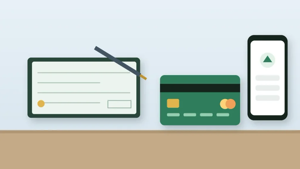 Checkbook, debit card and phone app showing money market account vs savings account access options