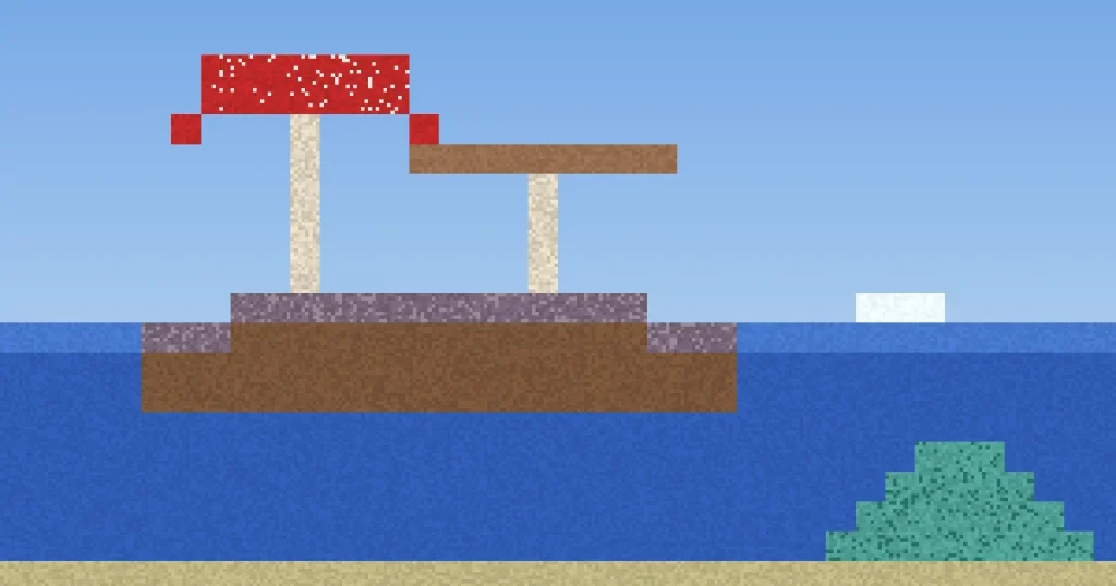Mushroom island with giant mushrooms beside an ocean monument in a Minecraft seed