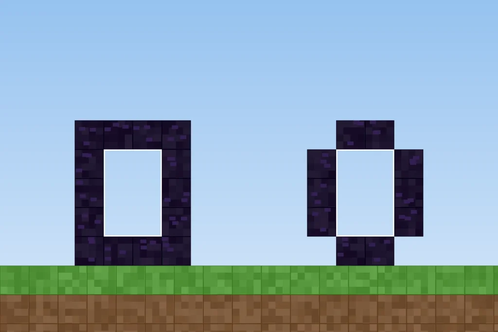 Two 4x5 Nether portal size frames compared, one with corners and one without