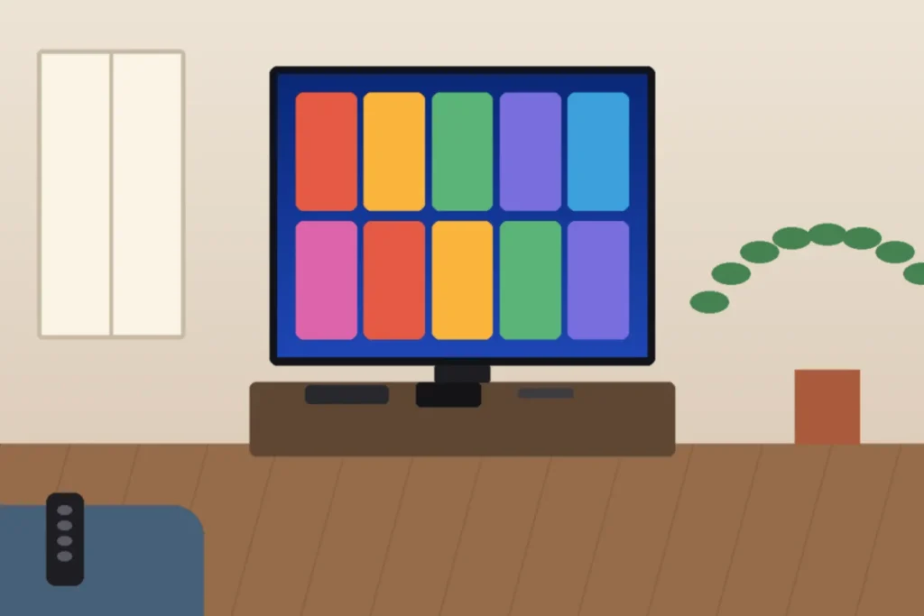 Smart TV with Roku, Fire TV and Apple TV devices on a stand for Paramount Plus setup
