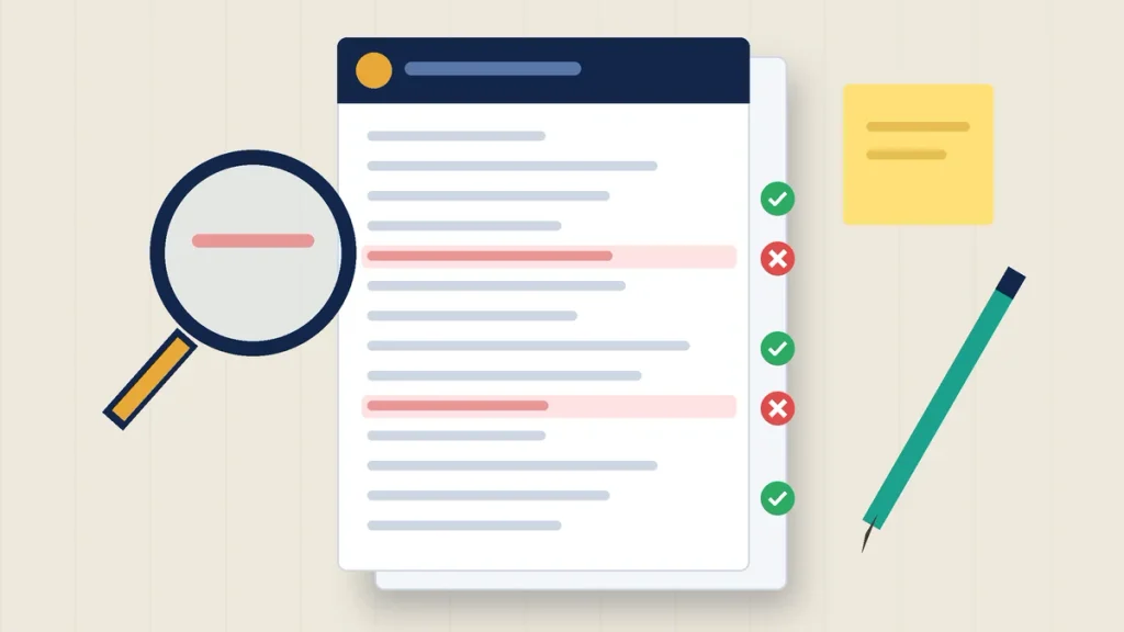 Credit report with two flagged error lines under a magnifying glass, ready to dispute