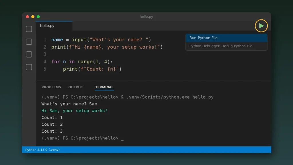 Run Python File button used to run Python code in Visual Studio Code, with output in the terminal
