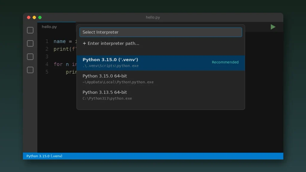 Python: Select Interpreter list in VS Code showing a .venv and installed Python versions