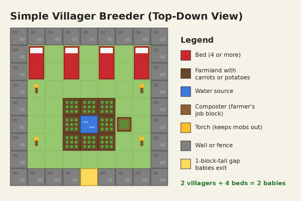 Top-down layout of a simple villager breeder in Minecraft with beds, farmland, water, and a composter