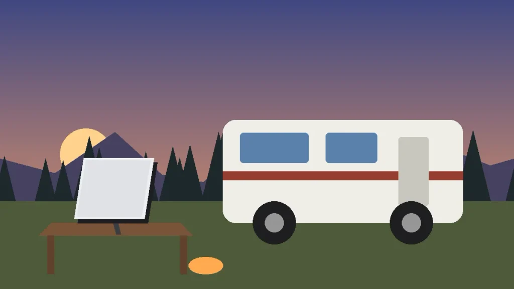 Starlink Mini on a camp table beside an RV at sunset, used on a Roam plan