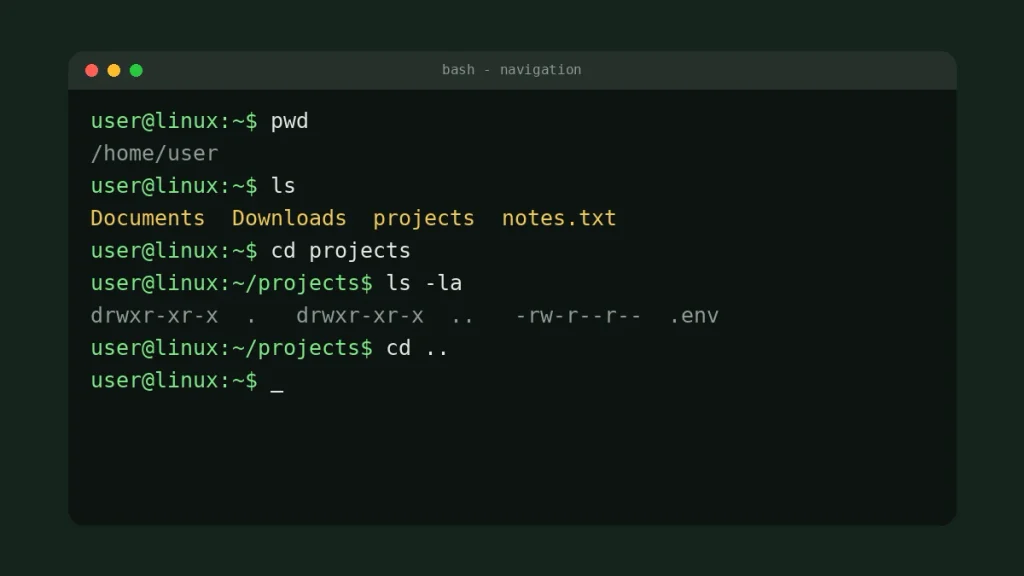 Basic terminal commands pwd, ls and cd used to move between folders in a Linux terminal