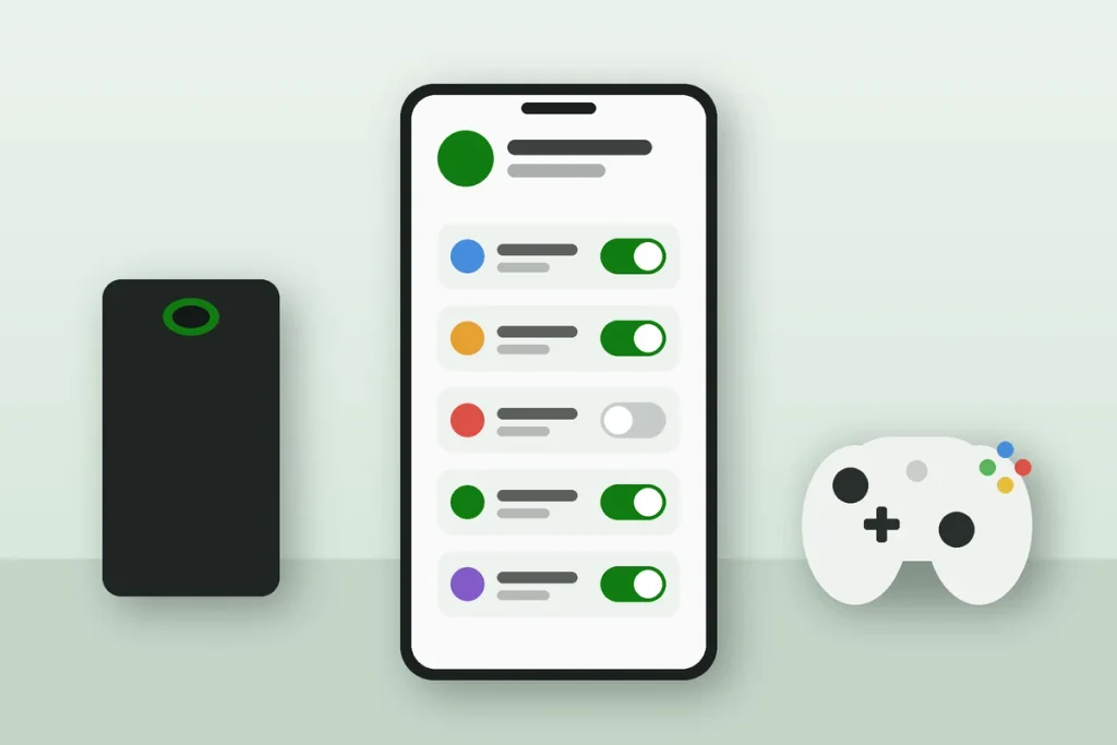 Phone showing Xbox Family Settings app toggles next to a console and controller
Caption: The free app puts every control on your phone.