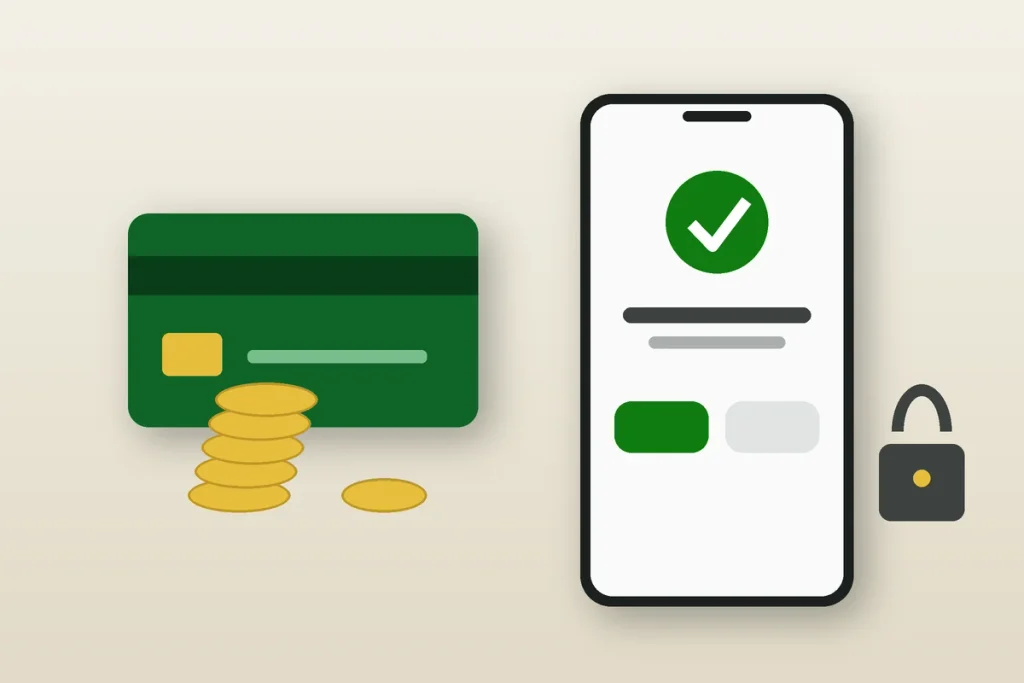 Phone approving a purchase request beside a card and coins for Xbox purchase approval